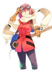  :3 adjusting_goggles bad_id bad_pixiv_id electric_guitar flcl gloves goggles goggles_on_head guitar haruhara_haruko highres instrument jacket long_sleeves looking_at_viewer pants pink_hair scarf short_hair simple_background solo tebakan white_background wind yellow_eyes 