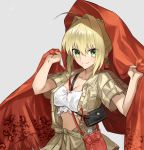  &gt;:) 1girl ahoge ashiwara_yuu bag bangs between_breasts blonde_hair bow braid breasts brown_jacket cleavage closed_mouth collarbone crop_top earrings eyebrows_visible_through_hair fate/extra fate_(series) fringe_trim green_eyes grey_background hair_between_eyes hair_bow hair_intakes handbag holding jacket jewelry looking_at_viewer medium_breasts nero_claudius_(fate) nero_claudius_(fate)_(all) open_clothes open_jacket red_bow short_sleeves sidelocks signature simple_background smile solo strap_cleavage v-shaped_eyebrows 