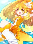  :d aqua_background bad_id bad_pixiv_id blonde_hair boots bow cure_peace dress earrings eyelashes hair_flaps happy highres jewelry kise_yayoi long_hair magical_girl open_mouth precure puffy_sleeves ribbon skirt smile smile_precure! solo unabara_misumi v wide_ponytail yellow yellow_bow yellow_eyes yellow_skirt 
