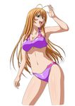  ahoge arm_up armpits bikini blue_eyes breasts cleavage collarbone eyebrows eyebrows_visible_through_hair hair_between_eyes hair_over_shoulder highres ikkitousen large_breasts light_brown_hair long_hair looking_at_viewer navel one_eye_closed open_mouth purple_bikini shiny shiny_skin simple_background solo sonsaku_hakufu swimsuit underboob white_background 