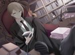  book bookshelf chair crossed_legs danganronpa danganronpa_1 desk formal glasses green_eyes legs_up male_focus monokuma necktie sama sitting smile solo togami_byakuya 