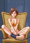  breasts brown_eyes brown_hair chains chair cleavage earrings jewelry lupin_iii mine_fujiko rags scowl short_hair tms_entertainment 
