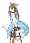  blue blue_fur blush brown_eyes brown_hair canidae canine chair collar fox fur hair long_hair looking_at_viewer male mammal multiple_tails mushni nipples nude plain_background pose sitting solo stool tail tehstupidbug white_background 