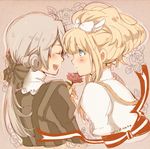  1girl bangs blonde_hair blue_eyes bow child closed_eyes dated dress elisabeth_von_wettin flower hair_bow ido_e_itaru_mori_e_itaru_ido isago_(ica) long_hair marchen marz_von_ludowing open_mouth ponytail profile red_flower red_rose rose shirt short_ponytail silver_hair smile sound_horizon striped striped_shirt vertical_stripes white_dress younger 