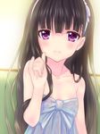  \m/ bangs bare_shoulders black_hair blunt_bangs blurry blush bow depth_of_field dress flat_chest foreshortening hair_between_eyes hairband hands inu_x_boku_ss jewelry koumo long_hair looking_at_viewer necklace pinky_out pinky_swear purple_eyes see-through shirakiin_ririchiyo sidelocks smile solo upper_body very_long_hair wet wet_clothes 