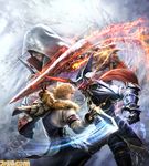  3boys assassin&#039;s_creed assassin's_creed assassin's_creed_(series) battle beard crossover ezio_auditore_da_firenze facial_hair hood hoodie lowres male male_focus multiple_boys official_art soul_calibur soul_calibur_v soulcalibur_v 