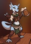  2018 alcohol anthro balancing barmaid beer beverage blush breasts butt claws clothed clothing digital_media_(artwork) drunk female fin fin_piercing furgonomics furry-specific_piercing happy holding_object kobold lasi midriff non-mammal_breasts open_mouth piercing reptile scales scalie simple_background solo sorcerushorserus standing teeth tongue 