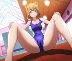  cameltoe female girl highres kushiya_inaho maken-ki maken-ki! orange_hair red_eyes screencap sitting smile solo spread_legs swimsuit 