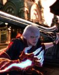  3d blue_eyes capcom cg concept_art dante devil_bringer devil_may_cry devil_may_cry_4 dual_persona gloves highres male male_focus nero_(devil_may_cry) official_art red_queen_(sword) sword tatsuya_yoshikawa trench_coat trenchcoat weapon weapon\r\n\r\ntatsuya_yoshikawa white_hair 