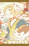  bird blonde_hair cherry_blossoms egasumi fox_mask hanafuda japanese_clothes male_focus mask mouth_hold natsume_takashi natsume_yuujinchou nyanko ofuda red_string robosuke scroll solo string yagasuri yellow_eyes 