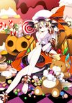  ankle_cuffs ascot barefoot blonde_hair blood blush bow cake candy candy_cane checkerboard_cookie checkered checkered_floor chocolate colored_eyelashes cookie doughnut flandre_scarlet food hat highres jack-o'-lantern konpeitou licking lollipop macaron pointy_ears pumpkin red_eyes reina_(black_spider) ribbon short_hair side_ponytail skirt solo stuffed_animal stuffed_toy stuffing swirl_lollipop teddy_bear topless touhou wafer_stick wings wrist_cuffs 