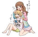  alternate_hairstyle bare_legs barefoot blonde_hair blush brown_eyes brown_hair clothes_writing collarbone dress futaba_anzu hair_down hair_ornament handheld_game_console happy hifumi_(gureazi) idolmaster idolmaster_cinderella_girls jacket legs long_hair low_twintails moroboshi_kirari multiple_girls open_mouth petting playing_games playstation_portable shirt shorts simple_background sitting size_difference star star_hair_ornament striped t-shirt translated twintails wariza white_background you_work_you_lose 