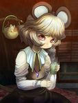 animal_ears basket blinds capelet cup dress flower frown highres holding jewelry light_brown_hair long_sleeves looking_at_viewer mouse mouse_ears nazrin pendant red_eyes shope short_hair sitting solo steam tail tail_hold touhou window yunomi 