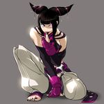  bad_id bad_pixiv_id baggy_pants bare_shoulders barefoot black_hair breasts detached_sleeves drill_hair dudou finger_to_mouth fingerless_gloves gloves glowing glowing_eye grey_background hair_ornament halter_top halterneck han_juri medium_breasts midriff nail_polish ojo_(dfreak) one_knee pants purple_eyes solo street_fighter street_fighter_iv_(series) toeless_legwear tongue tongue_out twin_drills 