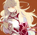  bare_shoulders blonde_hair brown_background choker detached_sleeves gloves gradient_hair holding isago_(ica) long_hair lowres midriff milla_maxwell multicolored_hair red_eyes sheath sheathed simple_background solo strapless sword tales_of_(series) tales_of_xillia tubetop weapon 