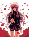  aiguillette bike_shorts blue_eyes flower highres kawakami_tomoko long_hair looking_at_viewer masurao_bc outstretched_hand petals pink_hair red_flower red_rose rose shoujo_kakumei_utena smile solo tenjou_utena white_flower white_rose 