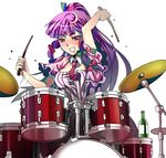  adapted_costume blush bottle bow breasts cleavage crescent crescent_hair_ornament cymbals drooling drum drumsticks drunk hair_bow hair_ornament instrument long_hair looking_at_viewer medium_breasts motion_blur multi-tied_hair necktie no_hat no_headwear patchouli_knowledge pikoring ponytail purple_eyes purple_hair sidelocks simple_background solo touhou white_background 