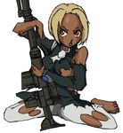  .50_cal 50_cal anti-materiel_rifle blonde_hair brown_eyes dark_skin female flcl gun kitsurubami lowres rifle sniper_rifle torn_clothes weapon 