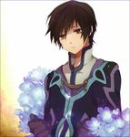  bangs black_gloves black_hair border flower gloves isago_(ica) jacket jude_mathis long_sleeves looking_down male_focus petals shirt solo tales_of_(series) tales_of_xillia upper_body yellow_eyes 