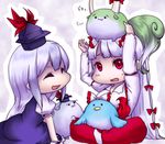  :3 animalization blue_hair bow chibi closed_eyes dual_persona ex-keine fujiwara_no_mokou fujiwara_no_mokou_(phoenix) hair_bow highres kamishirasawa_keine kamishirasawa_keine_(hakutaku) long_hair multiple_girls red_eyes silver_hair smile sukusuku_hakutaku tamu_(pixiv2426329) touhou 