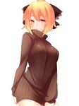  blonde_hair bottomless bow breasts clothes_tug dress hair_bow kurodani_yamame medium_breasts naked_sweater ribbed_sweater short_hair simple_background solo sweater sweater_dress sweater_tug touhou white_background yellow_eyes yutazou 