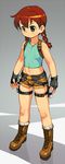  braid brown_hair closed_mouth cosplay flat_chest gloves green_eyes lara_croft lara_croft_(cosplay) long_hair om_(nk2007) saru_getchu sayaka_(saru_getchu) shorts simple_background solo tomb_raider twin_braids twintails 