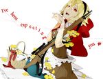  al_(arupaka) apron arisaka basket big_bad_wolf_(grimm) blonde_hair blue_legwear bolt_action brown_dress capelet colored_eyelashes dress dutch_angle english fangs flower frills grimm's_fairy_tales gun hairband hands_clasped hood little_red_riding_hood little_red_riding_hood_(grimm) looking_at_viewer mosin-nagant open_mouth own_hands_together pantyhose red_eyes ribbon rifle shadow short_dress simple_background sitting solo text_focus waist_apron weapon white_background 