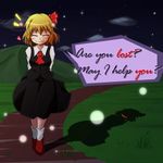  arms_behind_back ascot blonde_hair blush closed_eyes different_shadow english fang hair_ribbon heart night night_sky ominous_shadow path ribbon road rumia short_hair skirt skirt_set sky smile solo star_(sky) starry_sky syachi touhou 