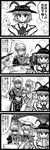  4koma 5girls comic enokuma_uuta glasses greyscale hair_ribbon hair_tubes hakurei_reimu hat highres izayoi_sakuya kirisame_marisa maid maid_headdress monochrome morichika_rinnosuke multiple_girls nagae_iku ribbon smile touhou translated umbrella yakumo_yukari 