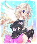  ahoge blonde_hair blue_eyes boots feathers ia_(vocaloid) long_hair looking_at_viewer off_shoulder pink_hair rapi skirt solo thighhighs vocaloid wings 