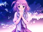  bad_id bad_pixiv_id bangs blush bracelet cloud cloudy_sky eyebrows_visible_through_hair hair_ribbon jewelry looking_at_viewer medium_hair night night_sky one_side_up original purple_hair ribbon scarf short_sleeves sky solo star_(sky) starry_sky touto_seiro 