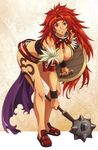  armor breasts cleavage dark_skin earrings highres jewelry long_hair mace purple_eyes queen&#039;s_blade queen's_blade red_hair rin-sin risty shield smile solo standing tattoo weapon 