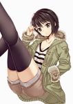  bangs brown_eyes brown_hair coat collarbone eyebrows_visible_through_hair fur_trim hand_in_pocket kisugi_akira long_sleeves looking_at_viewer original shirt short_hair shorts simple_background solo striped striped_shirt thighhighs tomboy zipper 