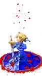  ahoge artoria_pendragon_(all) blonde_hair dress excalibur fate/stay_night fate_(series) flower green_eyes hair_ribbon hands_on_hilt highres katakonpe kneeling petals planted_sword planted_weapon red_flower red_rose ribbon rose rose_petals saber solo sword weapon 
