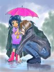  1girl anubituf blue_hair boots brown_hair denim genderswap green_eyes guragief holding holding_umbrella jeans nishida_asako pants rain red_eyes shared_umbrella simoun umbrella younger 