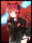  animal_ears bad_id bad_pixiv_id bow braid breasts cat_ears cat_tail fuuen_(akagaminanoka) hair_bow kaenbyou_rin medium_breasts multiple_tails panties panty_pull red_eyes red_hair skull smile solo tail touhou twin_braids underwear 