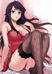  bare_shoulders black_hair black_legwear blush breasts chemise cleavage covered_nipples floral_print hae-young_na highres lace lace-trimmed_thighhighs large_breasts lips long_hair official_art panties purple_eyes purple_panties sitting solo soo-hyon_lee sweat thighhighs unbalance_unbalance underwear 