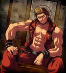  abs ao_no_kiseki belt blonde_hair brown_background brown_eyes brown_hair choker eiyuu_densetsu frown hand_on_own_knee highres male_focus masurao_bc multicolored_hair muscle pants sitting solo two-tone_hair vest wald_valles 