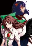  absurdres black_wings bow brown_hair cape hair_bow highres leaf long_hair maruyama_kurehiro multiple_girls purple_hair red_eyes red_sclera reiuji_utsuho short_hair third_eye touhou wings yasaka_kanako 