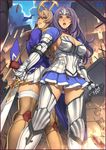  annelotte armlet armor armored_dress back-to-back blue_eyes breasts brown_hair cleavage cross elbow_gloves fire garter_straps gloves jewelry large_breasts legs long_hair miniskirt multiple_girls navel nun oda_non purple_hair queen's_blade queen's_blade_rebellion shield sideboob sigui_(queen's_blade) skirt sword thighhighs thighs tiara weapon 
