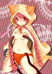  bad_id bad_pixiv_id blazblue braid cat_tail cosplay covering covering_nipples kaenbyou_rin kneeling long_hair multiple_tails red_eyes red_hair solo tail tail_censor taokaka taokaka_(cosplay) topia touhou twin_braids very_long_hair 