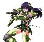  bandages blood breasts butter-t casing_ejection eyepatch gun gundam injury large_breasts long_hair mecha_musume mobile_suit_gundam open_mouth personification purple_eyes purple_hair scrape shell_casing shiny shiny_skin simple_background solo tears torn_clothes underboob weapon zaku_ii_f/j 