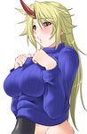  846-gou blonde_hair blush bottomless breasts ehoumaki food horn hoshiguma_yuugi large_breasts long_hair makizushi paizuri paizuri_under_clothes red_eyes setsubun sexually_suggestive solo sushi sweater touhou turtleneck turtleneck_sweater 