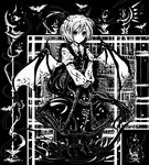  &gt;:) acryl alternate_hairstyle arm_garter bat bat_wings bookshelf dress dress_shirt embellished_costume greyscale head_wings koakuma library long_hair long_sleeves monochrome ponytail shirt shoes smile solo touhou v-shaped_eyebrows v_arms very_long_hair voile wings 