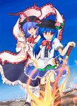  ascot blue_dress blue_hair blush boots bow dress food frills fruit hat hat_bow hat_ribbon hinanawi_tenshi long_hair multiple_girls nagae_iku open_mouth peach pink_dress purple_hair red_eyes ribbon shawl short_hair sky smile standing sunaya_yanokura sword_of_hisou touhou 