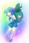  backpack bad_id bad_pixiv_id bag bakemonogatari bandages blue_eyes blue_hair blush cosplay hachikuji_mayoi hachikuji_mayoi_(cosplay) hair_bobbles hair_ornament highres kawashiro_nitori kneehighs looking_at_viewer monogatari_(series) no_hat no_headwear rainbow_background school_uniform short_hair skirt smile solo star touhou two_side_up white_legwear zinczinc_ka 