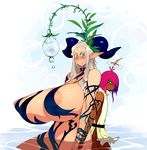  areola_slip areolae bad_proportions big_nipples blue_eyes breasts female gigantic_breasts h_hiroma kokuko_(tsukiyotake) maou11 nipples plant puffy_nipples purple_hair tsukiyotake water white_hair 