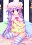  blush book hat long_hair looking_at_viewer no_pants panties patchouli_knowledge pillow purple_eyes purple_hair sitting solo striped striped_legwear striped_panties thighhighs touhou underwear very_long_hair yanagi_akane_(yousei_kinoko) 