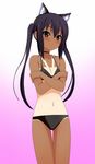  animal_ears bare_shoulders bikini black_hair blush brown_eyes cat_ears choker covering covering_breasts flat_chest gradient gradient_background highres k-on! kenken long_hair nakano_azusa one-piece_tan solo swimsuit tan tanline thigh_gap twintails 