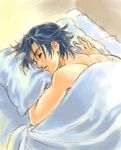  bed bed_sheet blue_hair earrings guragief jewelry male_focus nishida_asako pillow simoun sleeping solo 